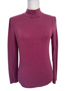 VTG Betty Blue Medium Pink Striped Mock Neck Keyhole‎ Back Long Sleeve Top